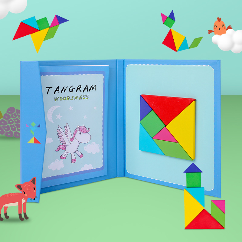 Children Educational 7pcs Colorful Magnetic Tangram Toys Eco-friendly Wooden Puzzle Book(图1)